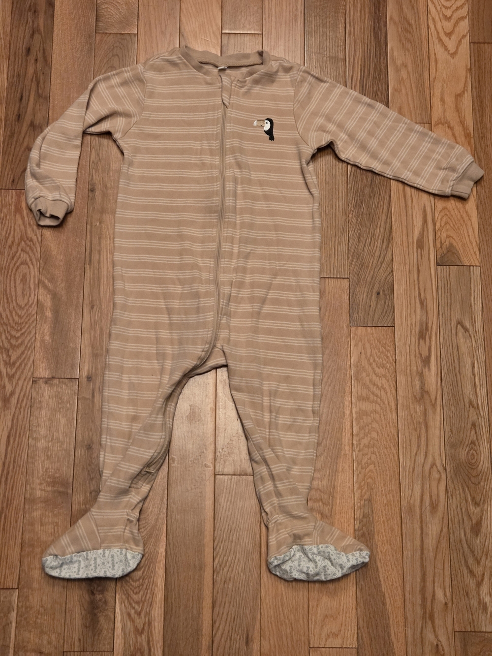 5/$20 Pekkle 18M Tan Striped Toucan Footed Onsie Zip Up Sleeper Pajamas